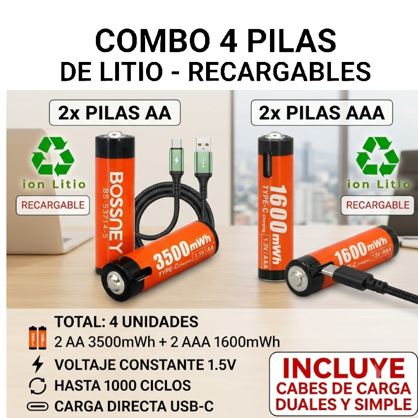 SET 4 BATERIAS AAA + AA RECARGABLES CON PUERTO CARGA USB C (NO REQUIERE COMPRAR CARGADOR) SS2540 - 1