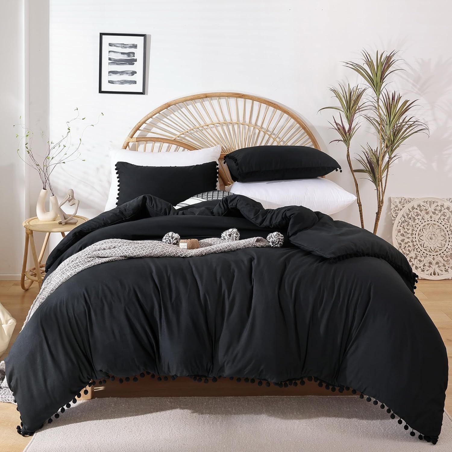 FUNDA PLUMÓN POMPÓN 100 % ALGODÓN BRAMANTE QUEEN NEGRO 200 HILOS - 1
