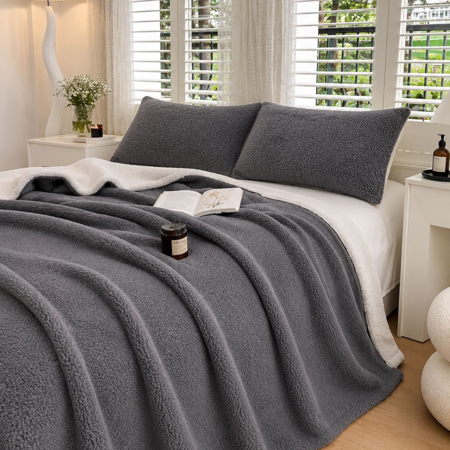 FRAZADA SHERPA QUEEN GRIS OSCURO - 1