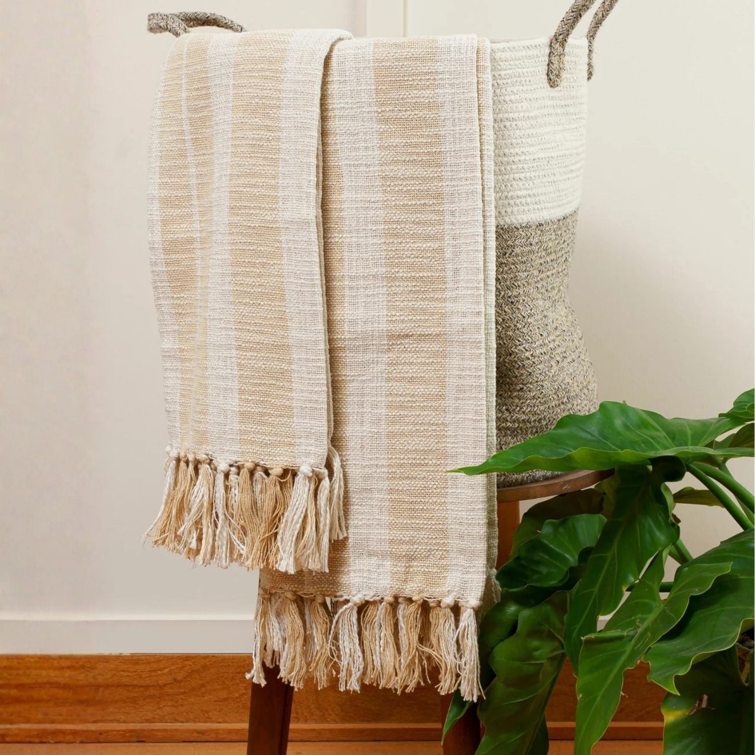 MANTA DE HILO JUMBO LINEAS BEIGE - 1