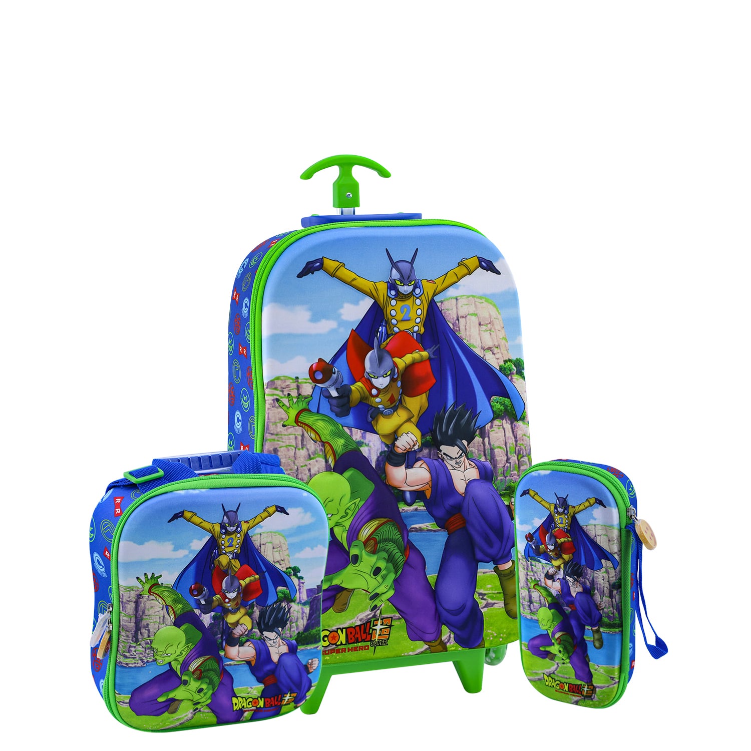 SET MOCHILA SCOOL DRAGON BALL OFICIO MALETA ESCALADORA RUEDAS FULL 3 PIEZAS VERDE CLARO - 1