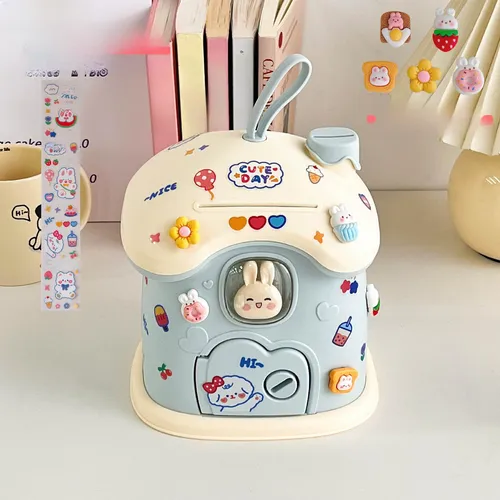 ALCANCIA NIÑOS KAWAII HONGUITO CONEJITO CELESTE CALCOMANIAS - 4