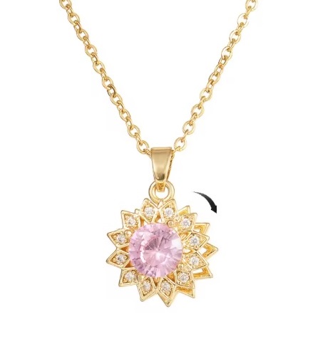 SET ANILLO + COLLAR GIRASOL GIRATORIO CRISTAL ROSA AUTOAJUSTABLE MUJER - 1