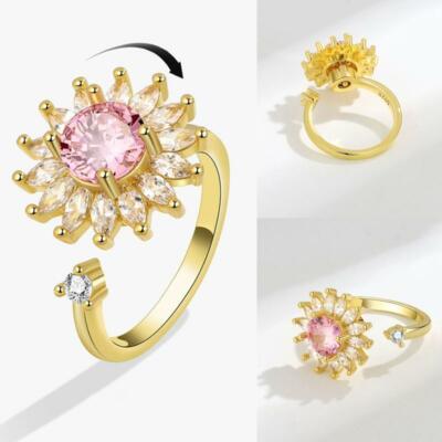 SET ANILLO + COLLAR GIRASOL GIRATORIO CRISTAL ROSA AUTOAJUSTABLE MUJER - 3