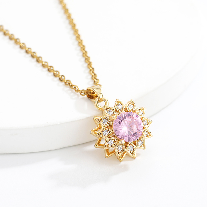 SET ANILLO + COLLAR GIRASOL GIRATORIO CRISTAL ROSA AUTOAJUSTABLE MUJER - 4