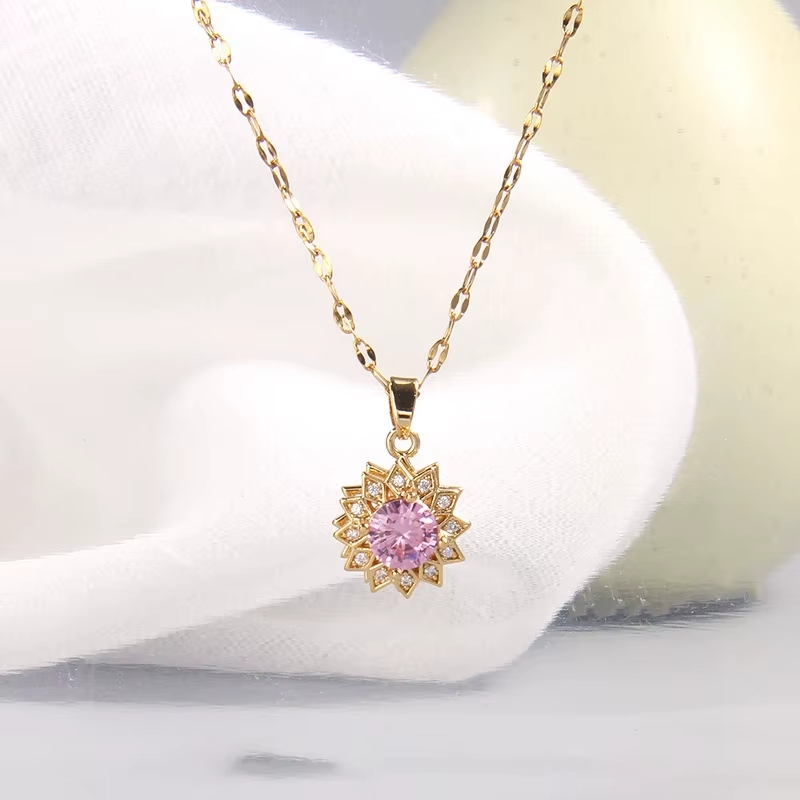 SET ANILLO + COLLAR GIRASOL GIRATORIO CRISTAL ROSA AUTOAJUSTABLE MUJER - 5