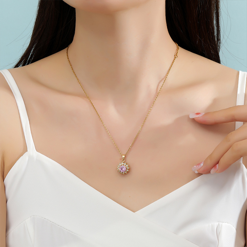 SET ANILLO + COLLAR GIRASOL GIRATORIO CRISTAL ROSA AUTOAJUSTABLE MUJER - 6