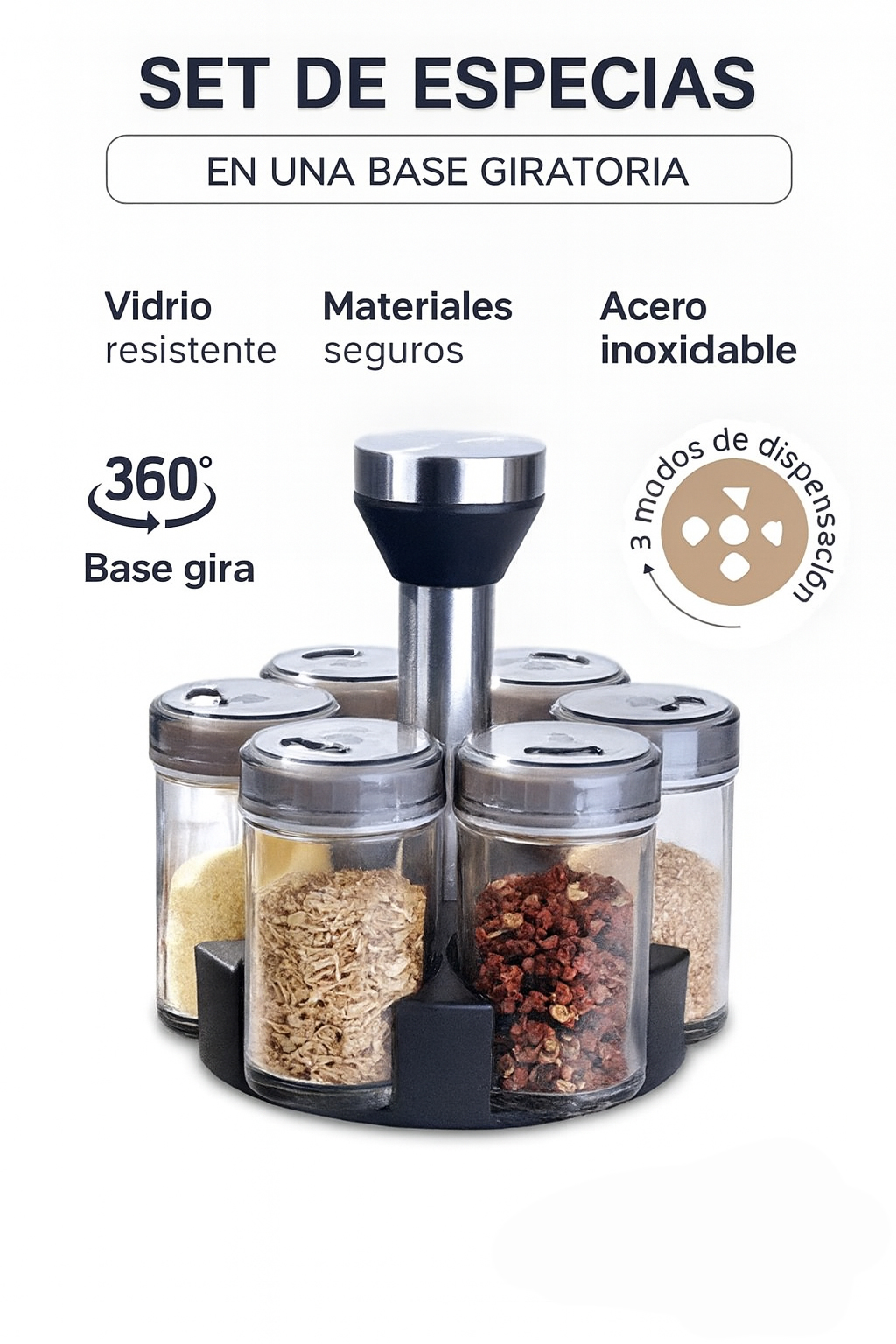 CONDIMENTEROS ESPECIERO GIRATORIO SET 6 FRASCOS VIDRIO COCINA 360° - 7