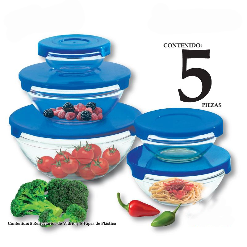 SET 5 BOWLS TAPERS DE VIDRIO CON TAPAS HERMÉTICAS AZULES APILABLES PARA COCINA - 1