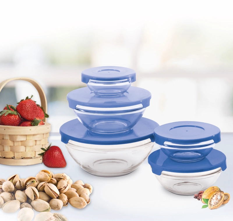 SET 5 BOWLS TAPERS DE VIDRIO CON TAPAS HERMÉTICAS AZULES APILABLES PARA COCINA - 2