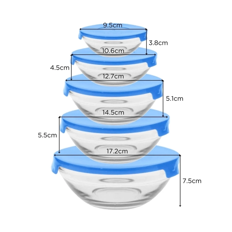 SET 5 BOWLS TAPERS DE VIDRIO CON TAPAS HERMÉTICAS AZULES APILABLES PARA COCINA - 3