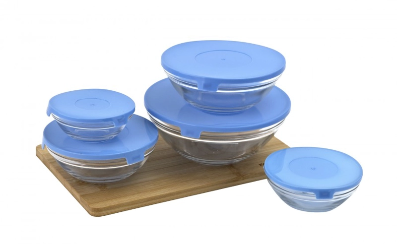 SET 5 BOWLS TAPERS DE VIDRIO CON TAPAS HERMÉTICAS AZULES APILABLES PARA COCINA - 4