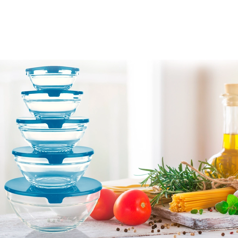 SET 5 BOWLS TAPERS DE VIDRIO CON TAPAS HERMÉTICAS AZULES APILABLES PARA COCINA - 5