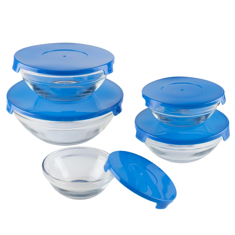 SET 5 BOWLS TAPERS DE VIDRIO CON TAPAS HERMÉTICAS AZULES APILABLES PARA COCINA - 6
