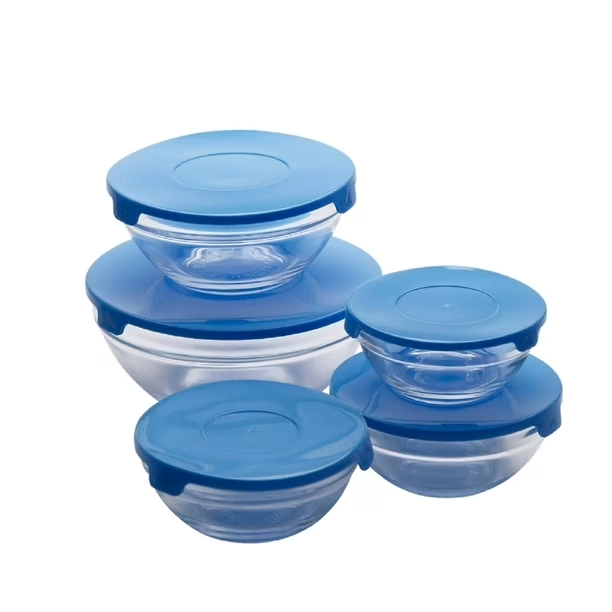 SET 5 BOWLS TAPERS DE VIDRIO CON TAPAS HERMÉTICAS AZULES APILABLES PARA COCINA - 8
