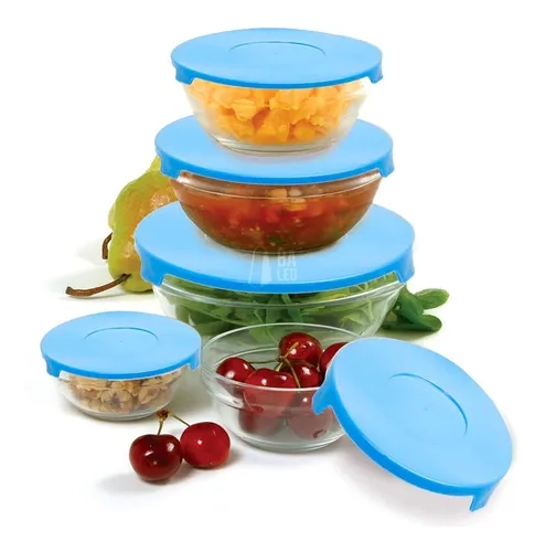 SET 5 BOWLS TAPERS DE VIDRIO CON TAPAS HERMÉTICAS AZULES APILABLES PARA COCINA - 9