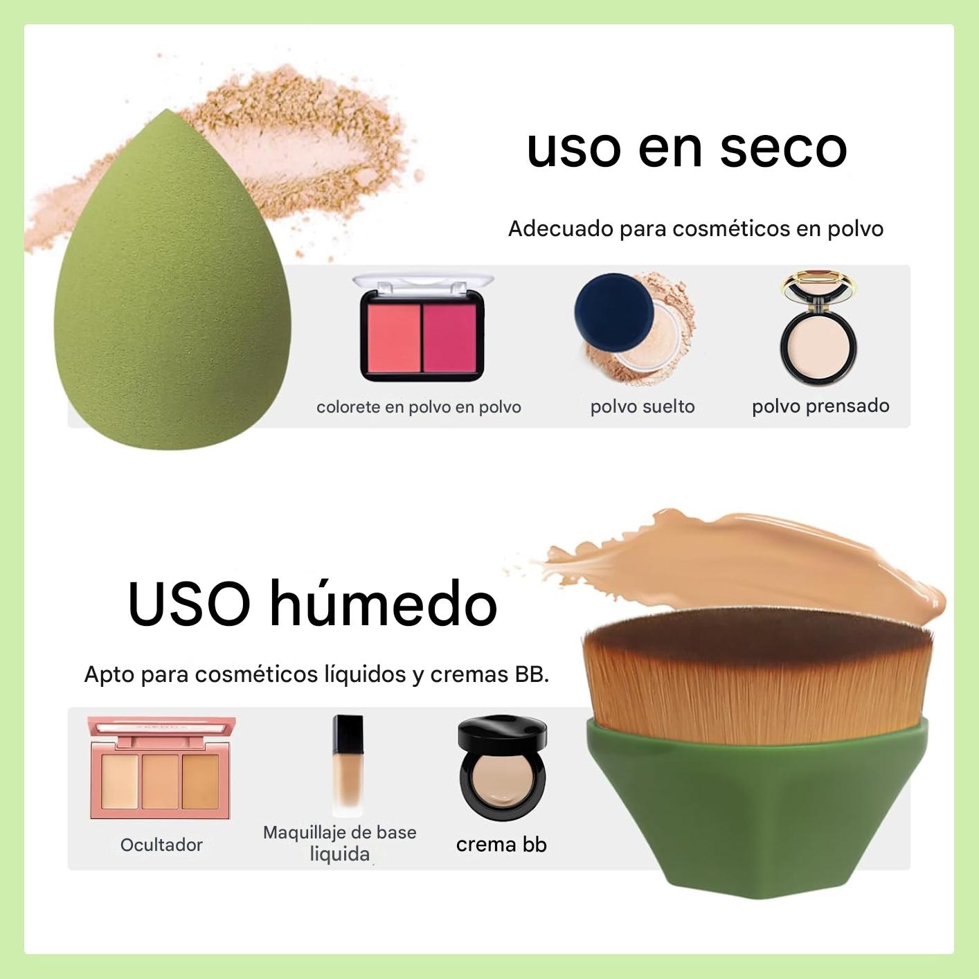 MAQUILLAJE SET ESPONJAS Y BROCHAS KIT 4 EN 1 BASE POLVO LIQUIDO BELLEZA PROFESIONAL - 8