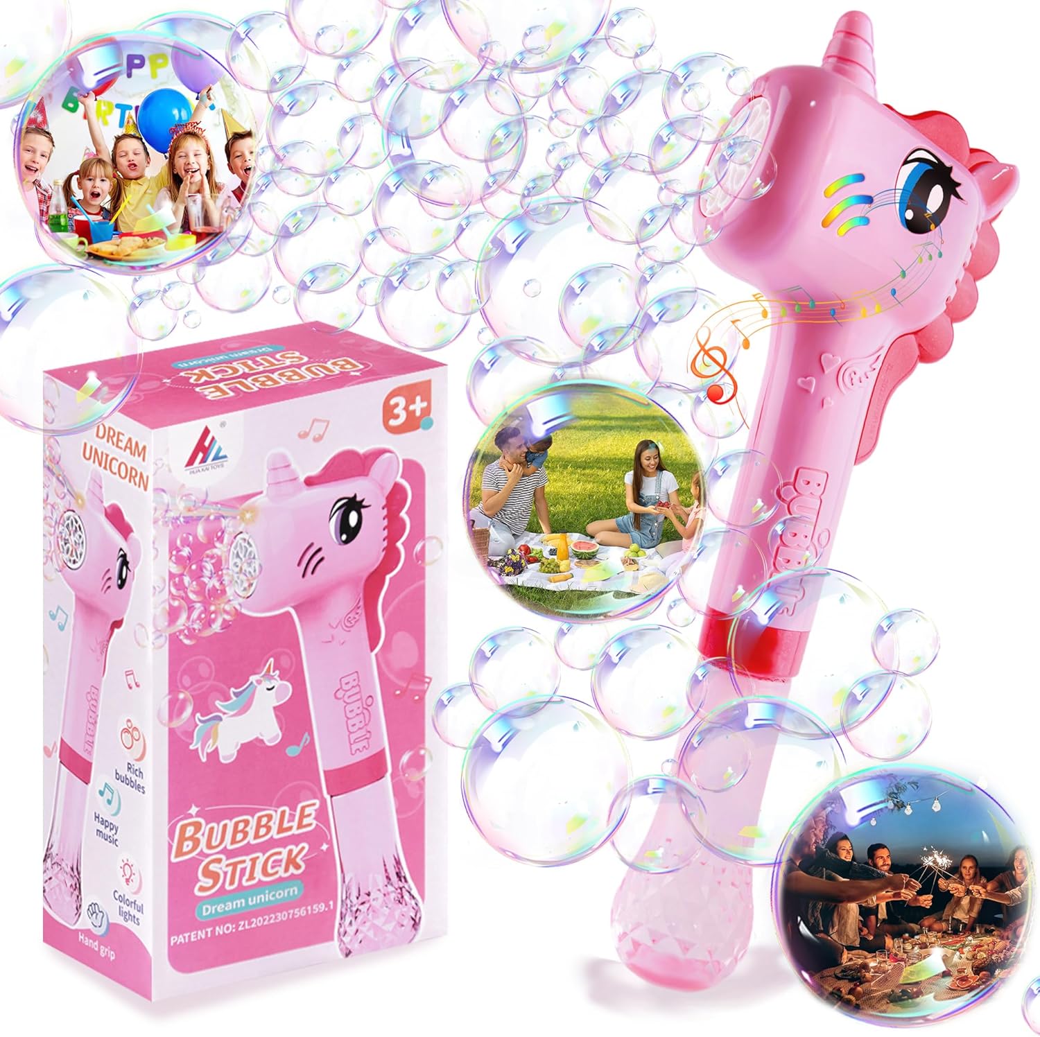 PISTOLA BURBUJAS UNICORNIO JUGUETE GENERADOR BURBUJAS CON LUZ Y MÚSICA 2 COLORES 4 AA NIÑOS NIÑAS - 1