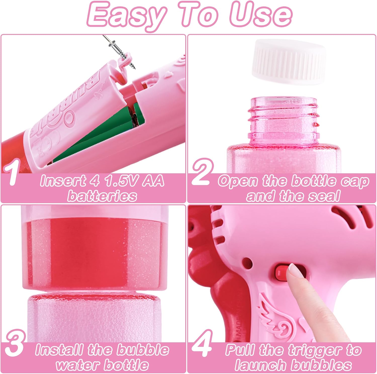 PISTOLA BURBUJAS UNICORNIO JUGUETE GENERADOR BURBUJAS CON LUZ Y MÚSICA 2 COLORES 4 AA NIÑOS NIÑAS - 4