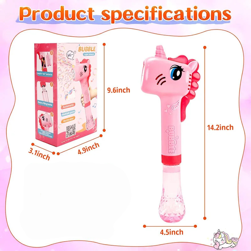 PISTOLA BURBUJAS UNICORNIO JUGUETE GENERADOR BURBUJAS CON LUZ Y MÚSICA 2 COLORES 4 AA NIÑOS NIÑAS - 6