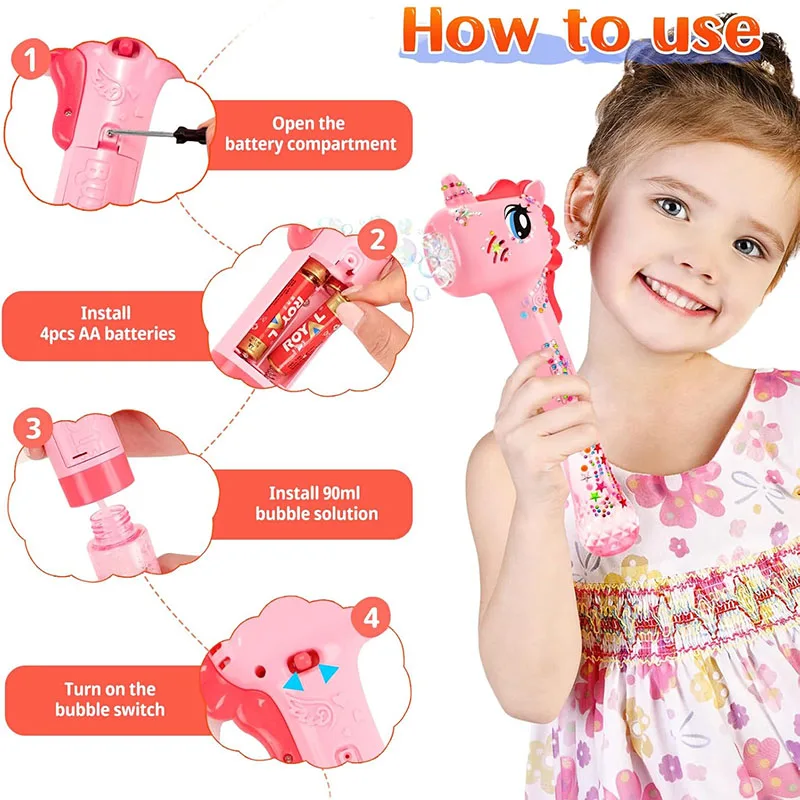 PISTOLA BURBUJAS UNICORNIO JUGUETE GENERADOR BURBUJAS CON LUZ Y MÚSICA 2 COLORES 4 AA NIÑOS NIÑAS - 7