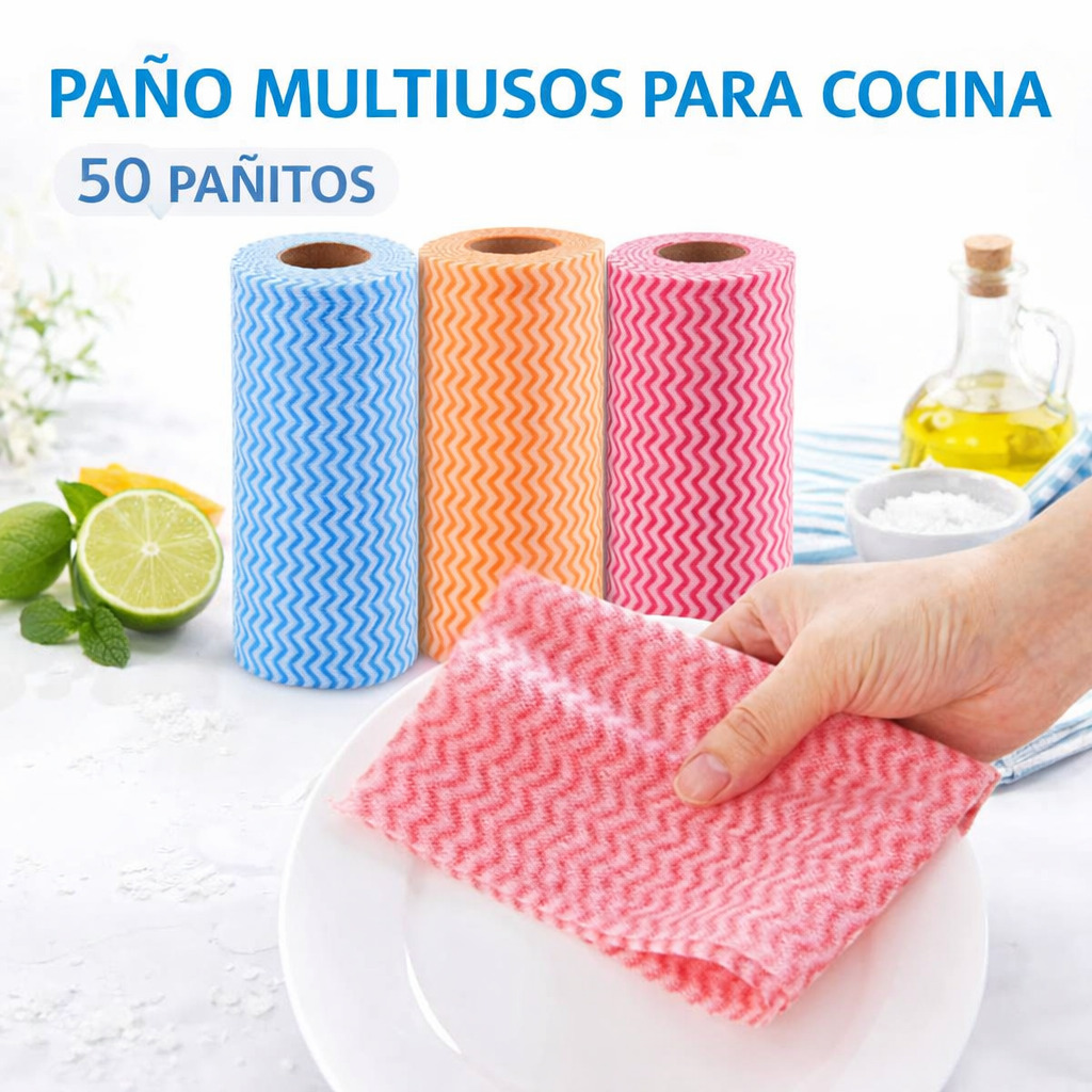PAÑO LIMPIEZA MULTIUSOS COCINA PAÑITOS ABSORBENTES Y REUTILIZABLES LIMPIADOR 50 PAÑOS ROLLO - 1