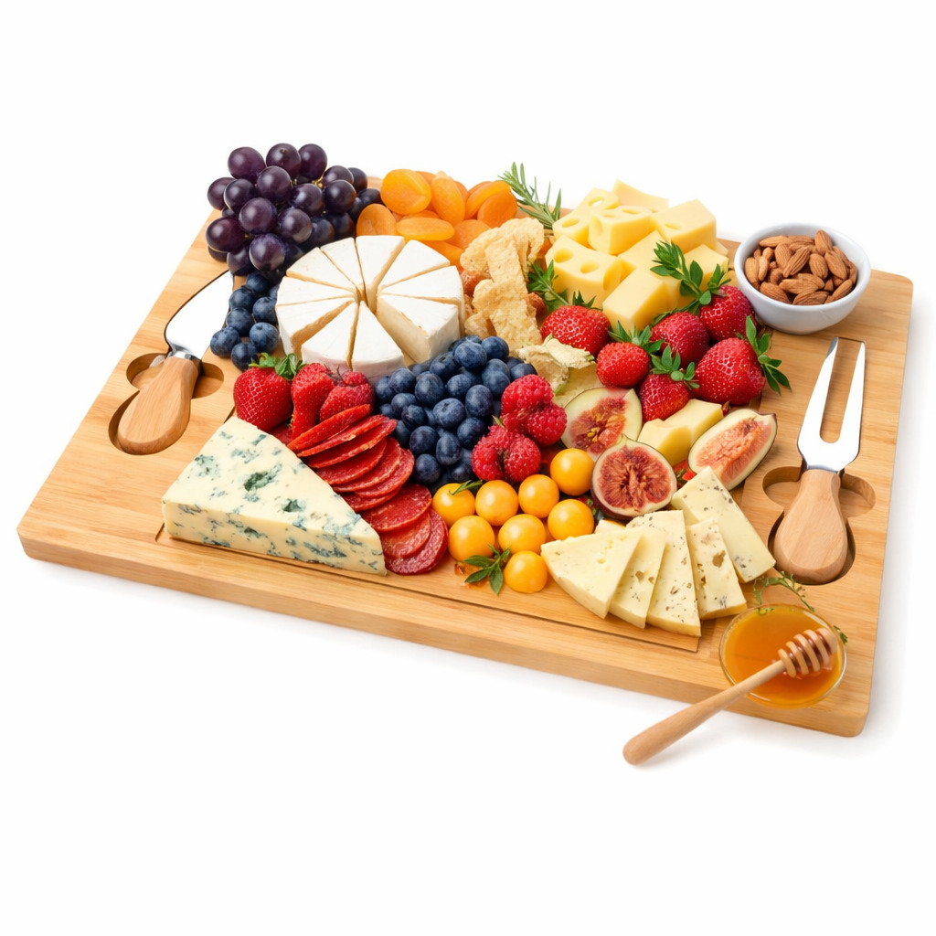TABLA QUESOS PIQUEOS Y CHARCUTERIA DE BAMBU CON TENEDOR Y CUCHILLO - 1