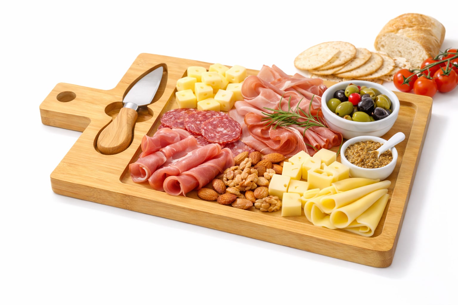 TABLA QUESOS PIQUEOS CHARCUTERIA BAMBU MESA CORTE Y SERVIR C CUCHILLO FRUTAS SNACKS - 1