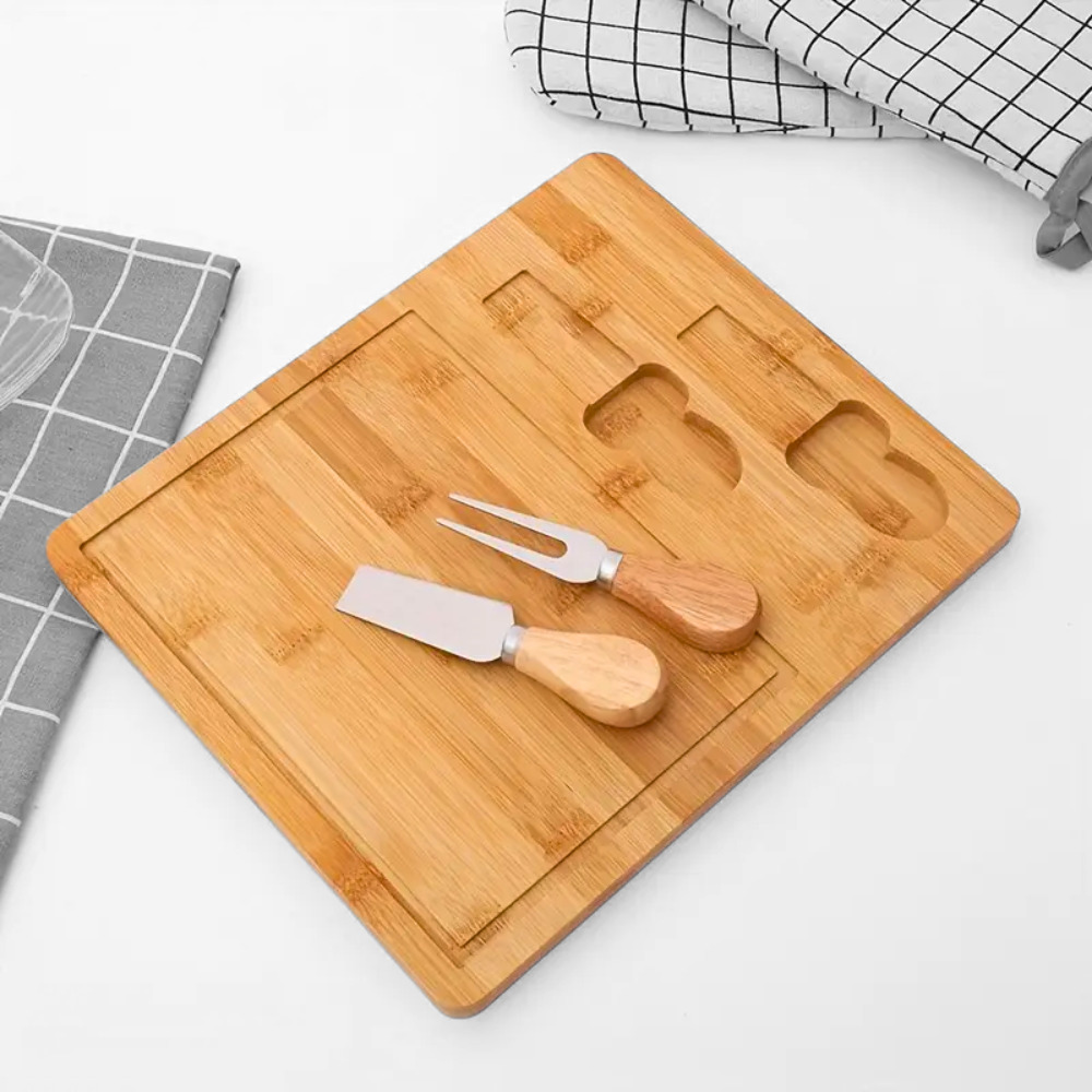 TABLA DE QUESOS CHARCUTERIA PIQUEOS BAMBU FRUTAS SNACKS INCLUYE TENEDOR Y CUCHILLO - 3