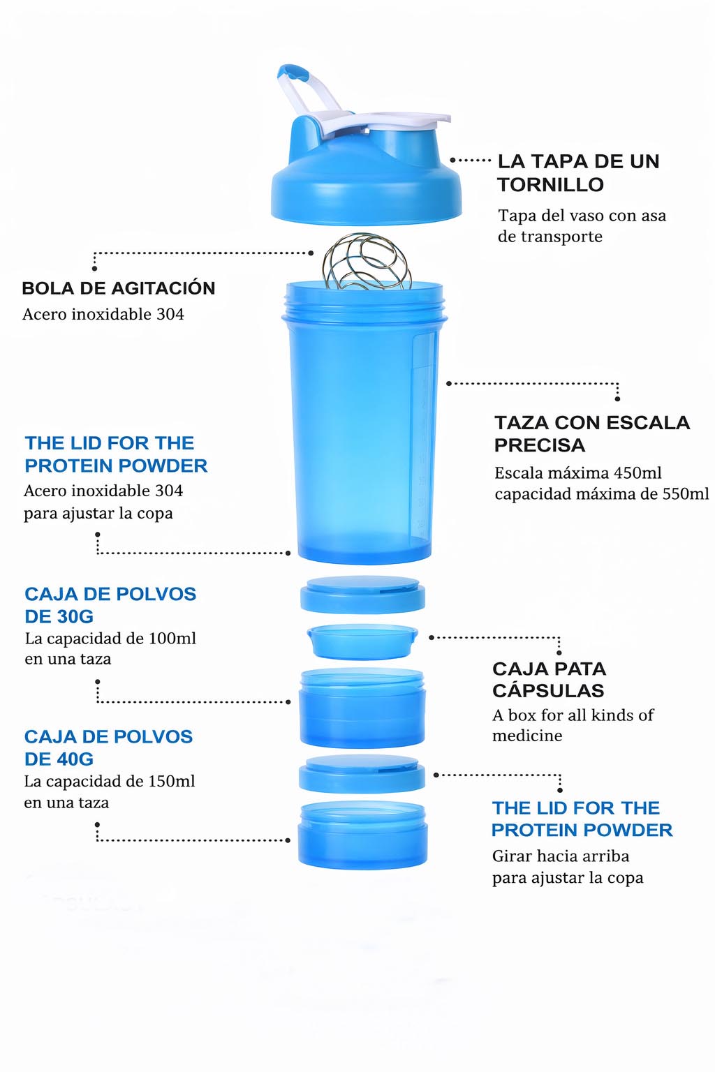 TOMATODO SHAKER DEPORTIVO BOTELLA MEZCLADOR PROTEINA COMPARTIMENTOS PORTÁTIL GYM 600 ML - 6