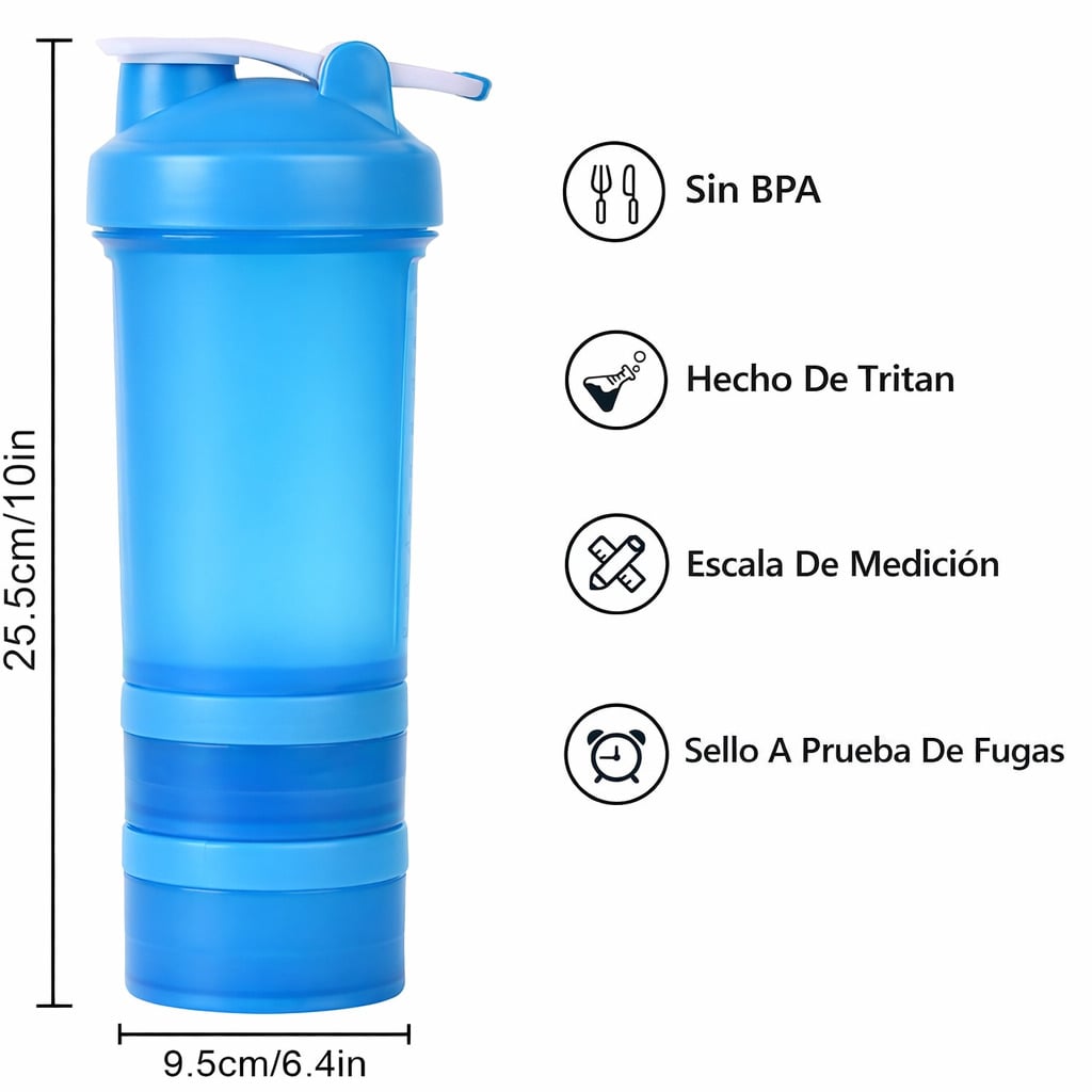 TOMATODO SHAKER DEPORTIVO BOTELLA MEZCLADOR PROTEINA COMPARTIMENTOS PORTÁTIL GYM 600 ML - 4