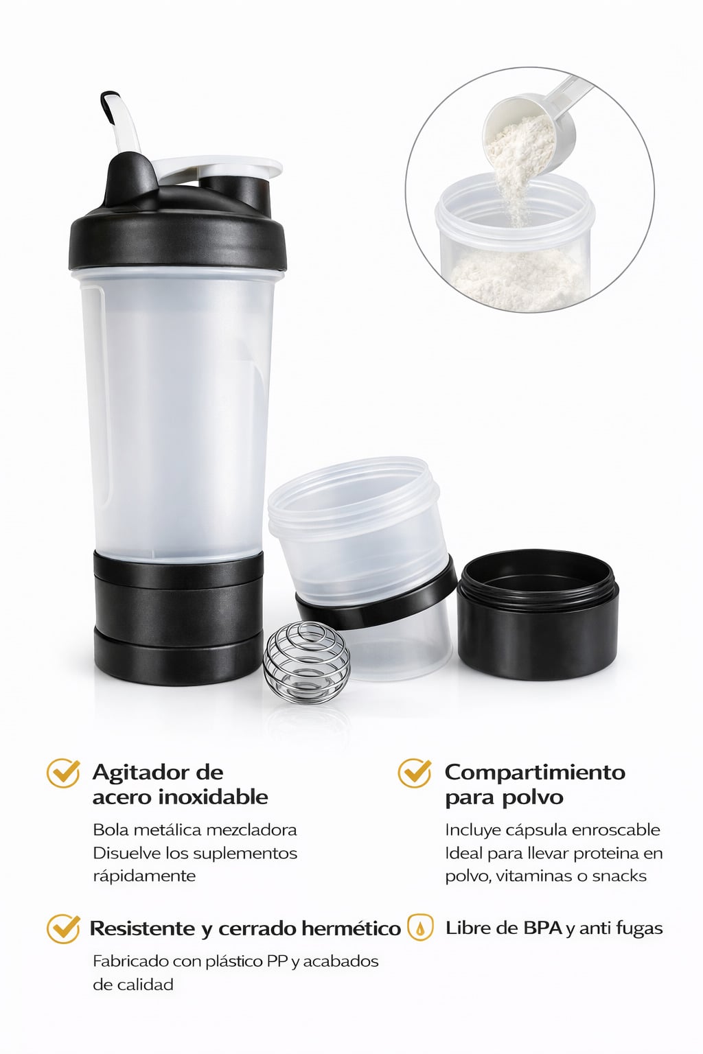 TOMATODO SHAKER DEPORTIVO BOTELLA MEZCLADOR PROTEINA COMPARTIMENTOS PORTÁTIL GYM 600 ML - 6