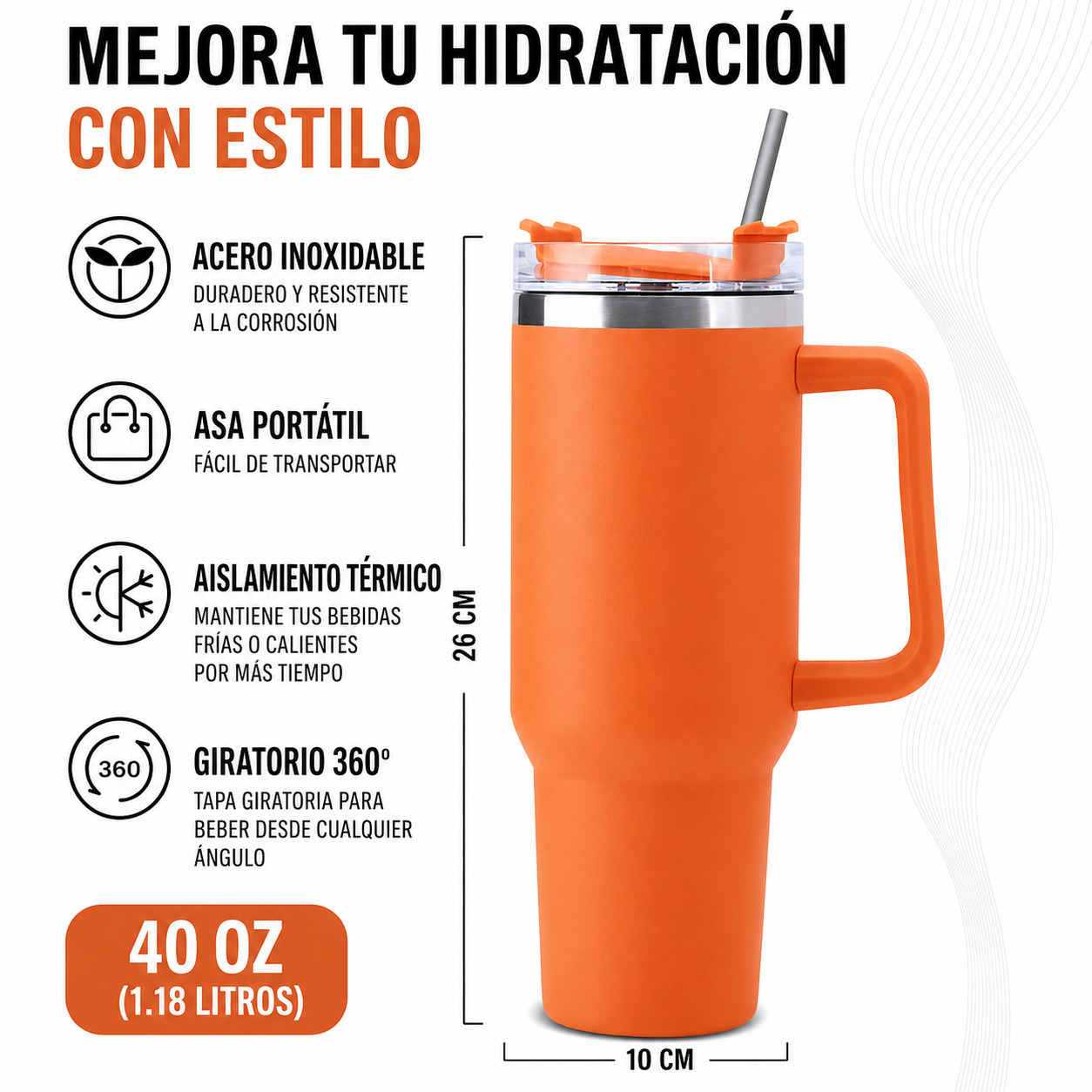 TERMO VASO TERMICO 40 OZ MUG TUMBLER ACERO INOXIDABLE MANTIENE FRÍO 24H NARANJA - 3