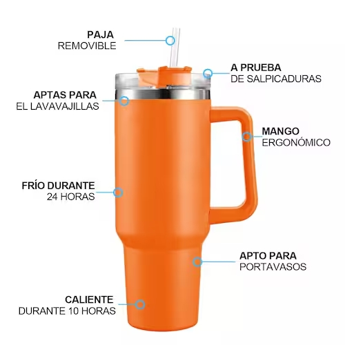 TERMO VASO TERMICO 40 OZ MUG TUMBLER ACERO INOXIDABLE MANTIENE FRÍO 24H NARANJA - 5