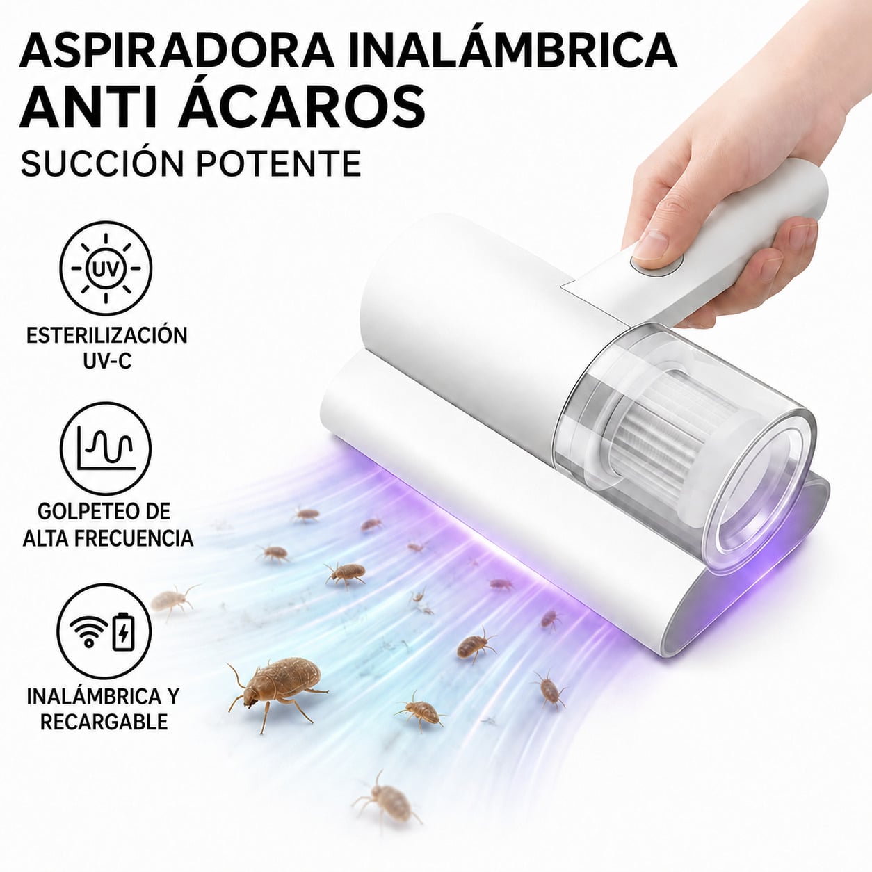 ASPIRADORA ANTI ACAROS REMOVEDOR DE ACAROS LUZ UV-C INALAMBRICO ESTERILIZADOR HOGAR - 1