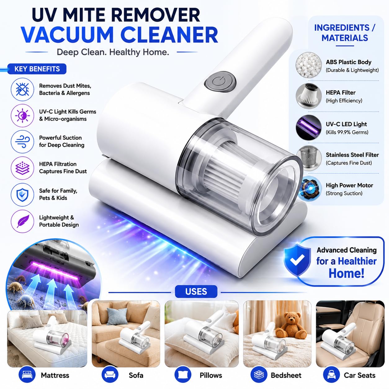 ASPIRADORA ANTI ACAROS REMOVEDOR DE ACAROS LUZ UV-C INALAMBRICO ESTERILIZADOR HOGAR - 9