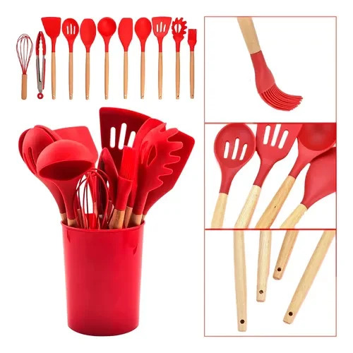 SET UTENSILIOS DE COCINA REPOSTERIA MINI 12 PIEZAS ROJO SILICONA Y MADERA - 3