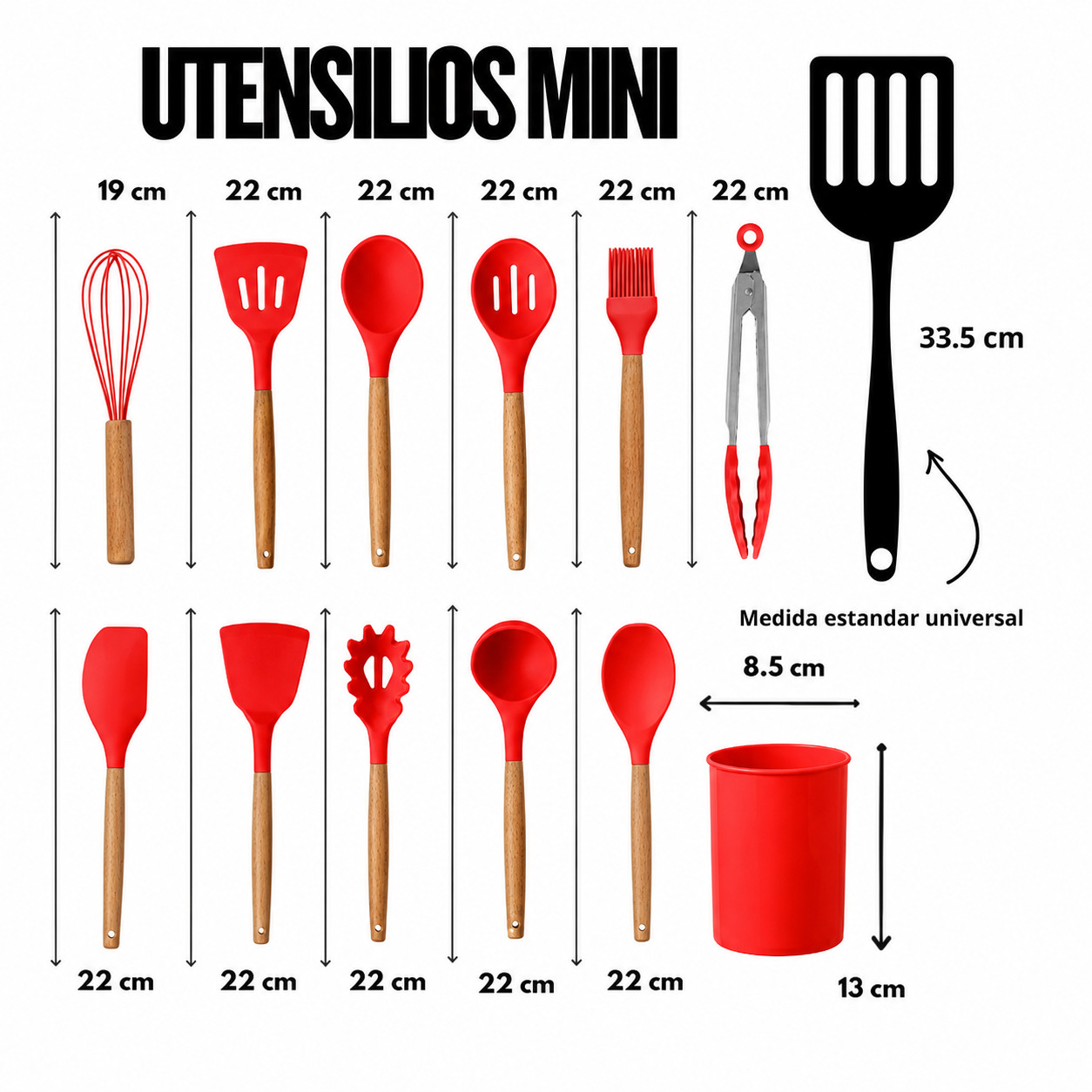 SET UTENSILIOS DE COCINA REPOSTERIA MINI 12 PIEZAS ROJO SILICONA Y MADERA - 4
