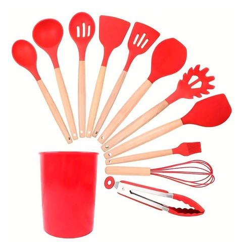 SET UTENSILIOS DE COCINA REPOSTERIA MINI 12 PIEZAS ROJO SILICONA Y MADERA - 6