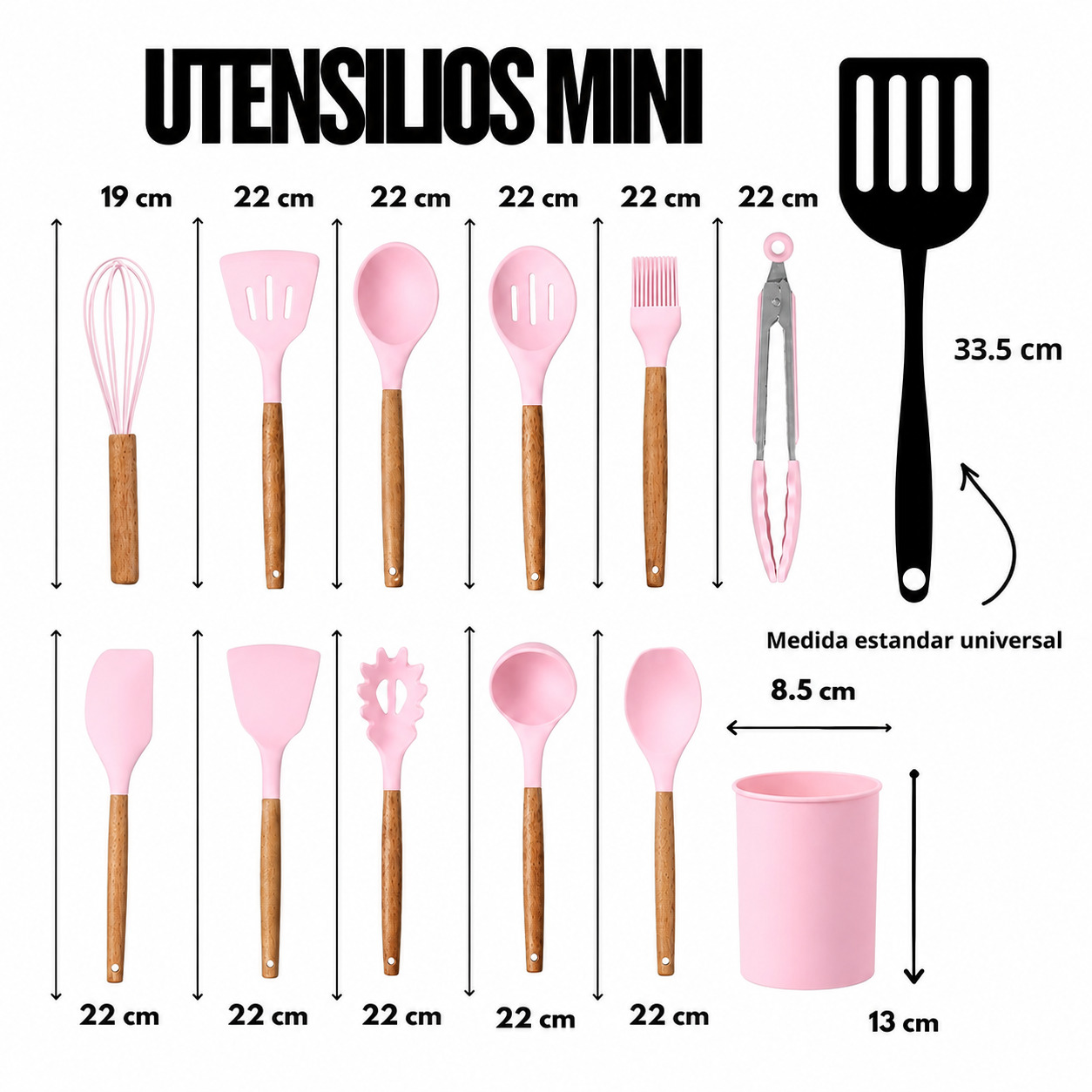SET UTENSILIOS DE COCINA MINI 12 PIEZAS SILICONA Y MADERA PARA REPOSTERIA - 2
