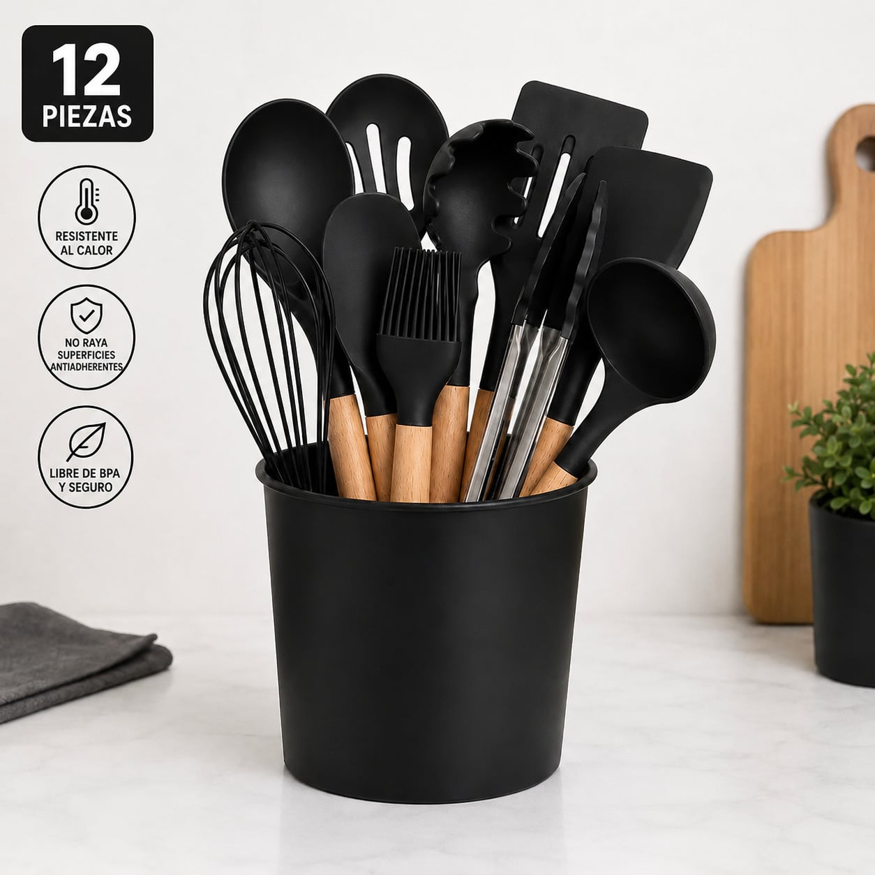 SET UTENSILIOS DE COCINA REPOSTERIA MINI 12 PIEZAS SILICONA Y MADERA NEGRO - 1