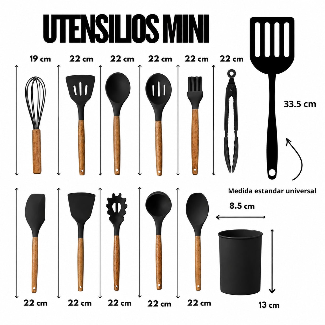 SET UTENSILIOS DE COCINA REPOSTERIA MINI 12 PIEZAS SILICONA Y MADERA NEGRO - 2