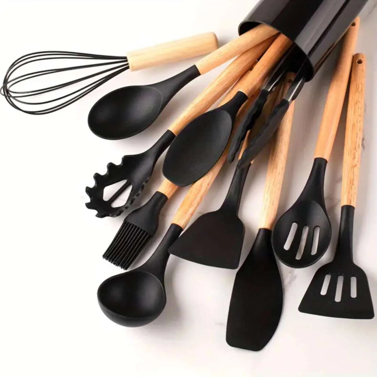 SET UTENSILIOS DE COCINA REPOSTERIA MINI 12 PIEZAS SILICONA Y MADERA NEGRO - 3