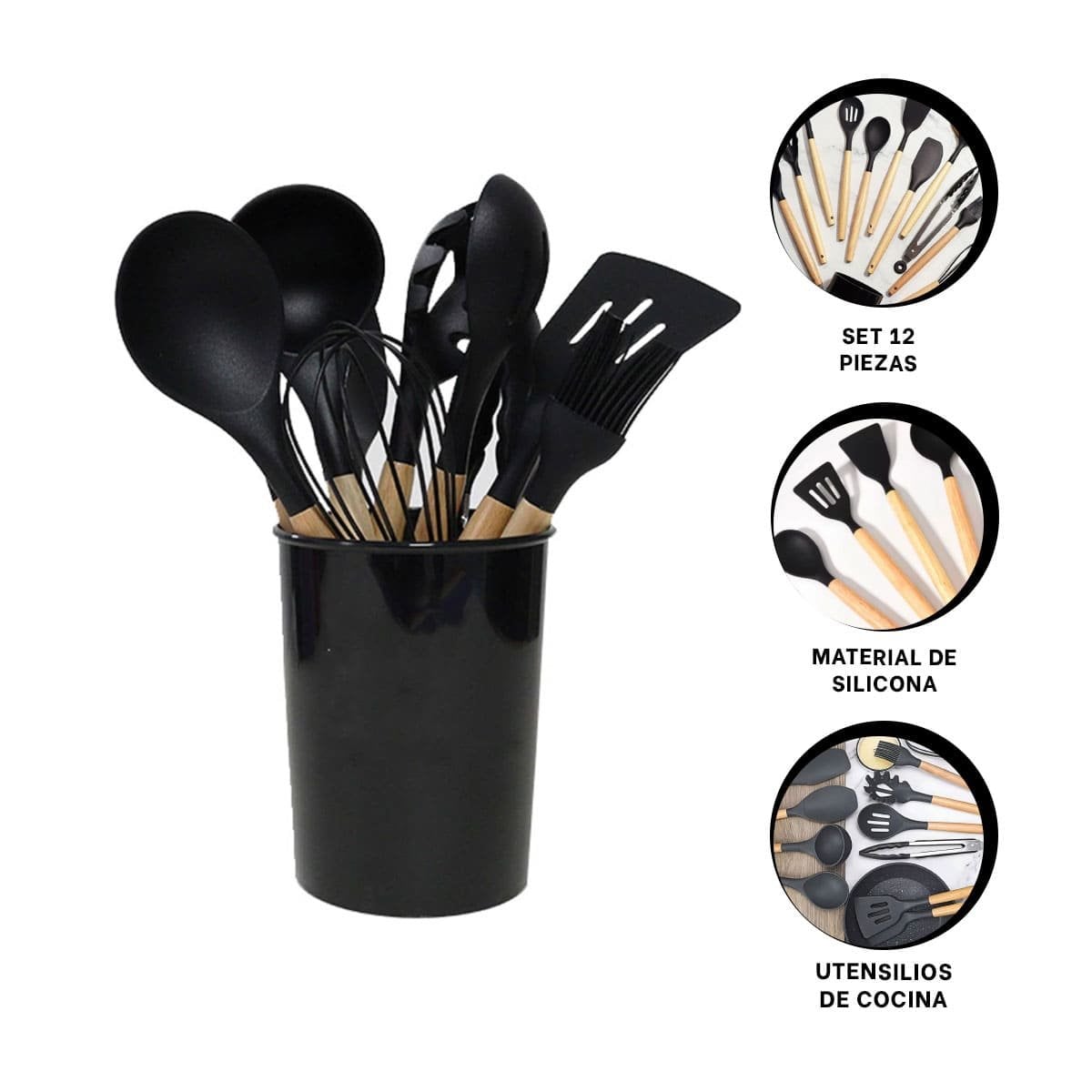 SET UTENSILIOS DE COCINA REPOSTERIA MINI 12 PIEZAS SILICONA Y MADERA NEGRO - 4