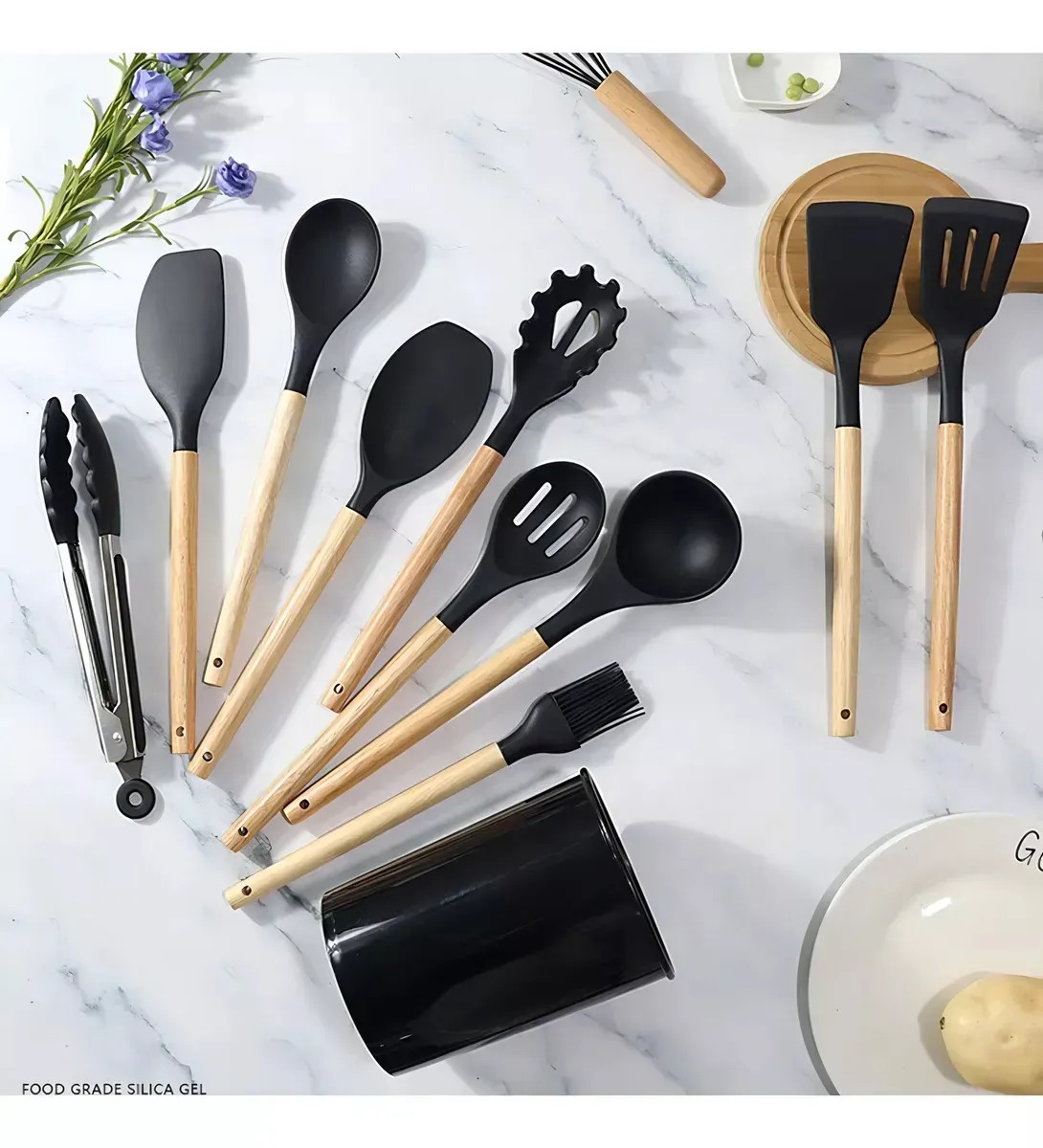 SET UTENSILIOS DE COCINA REPOSTERIA MINI 12 PIEZAS SILICONA Y MADERA NEGRO - 6