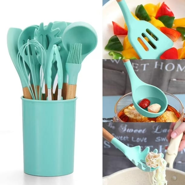 SET UTENSILIOS DE COCINA REPOSTERIA MINI 12 PIEZAS SILICONA Y MADERA VERDE - 1