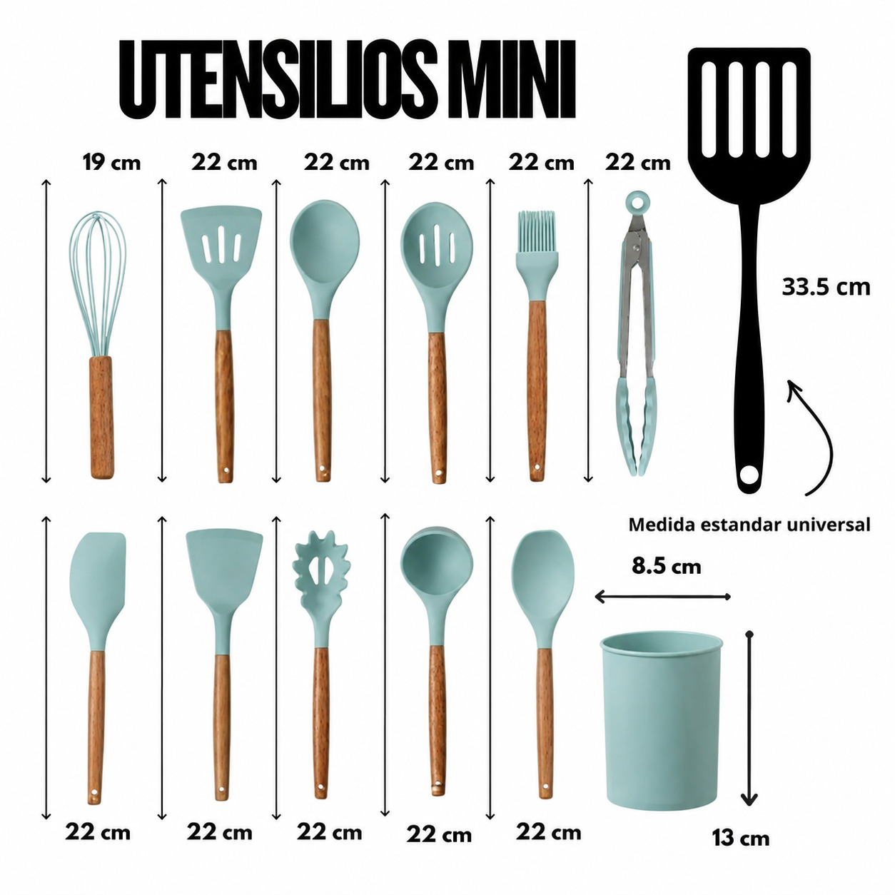 SET UTENSILIOS DE COCINA REPOSTERIA MINI 12 PIEZAS SILICONA Y MADERA VERDE - 2