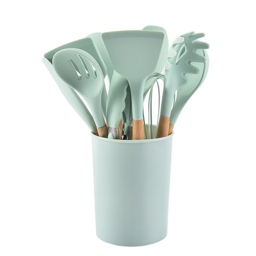 SET UTENSILIOS DE COCINA REPOSTERIA MINI 12 PIEZAS SILICONA Y MADERA VERDE - 4