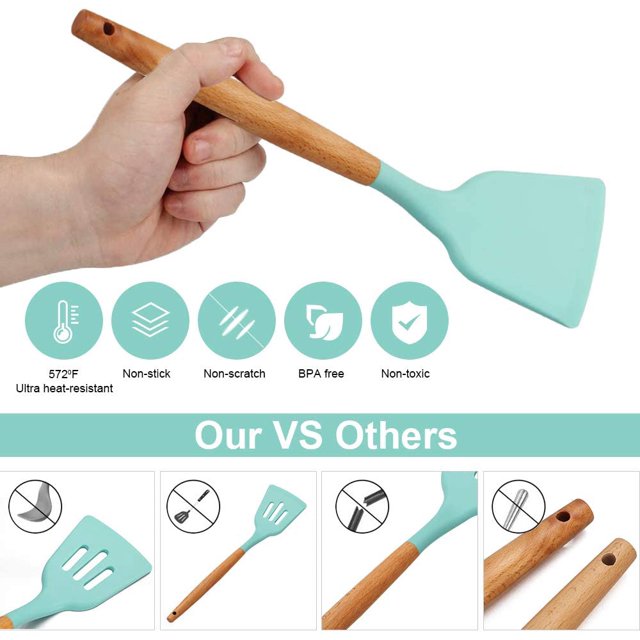 SET UTENSILIOS DE COCINA REPOSTERIA MINI 12 PIEZAS SILICONA Y MADERA VERDE - 6