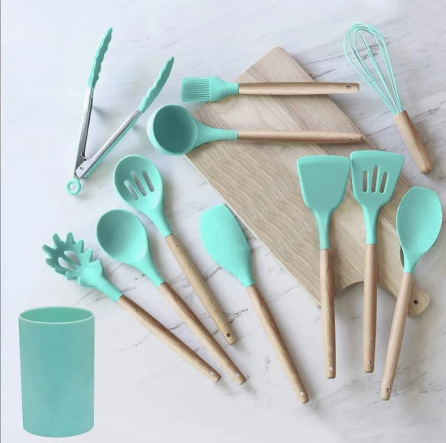 SET UTENSILIOS DE COCINA REPOSTERIA MINI 12 PIEZAS SILICONA Y MADERA VERDE - 7